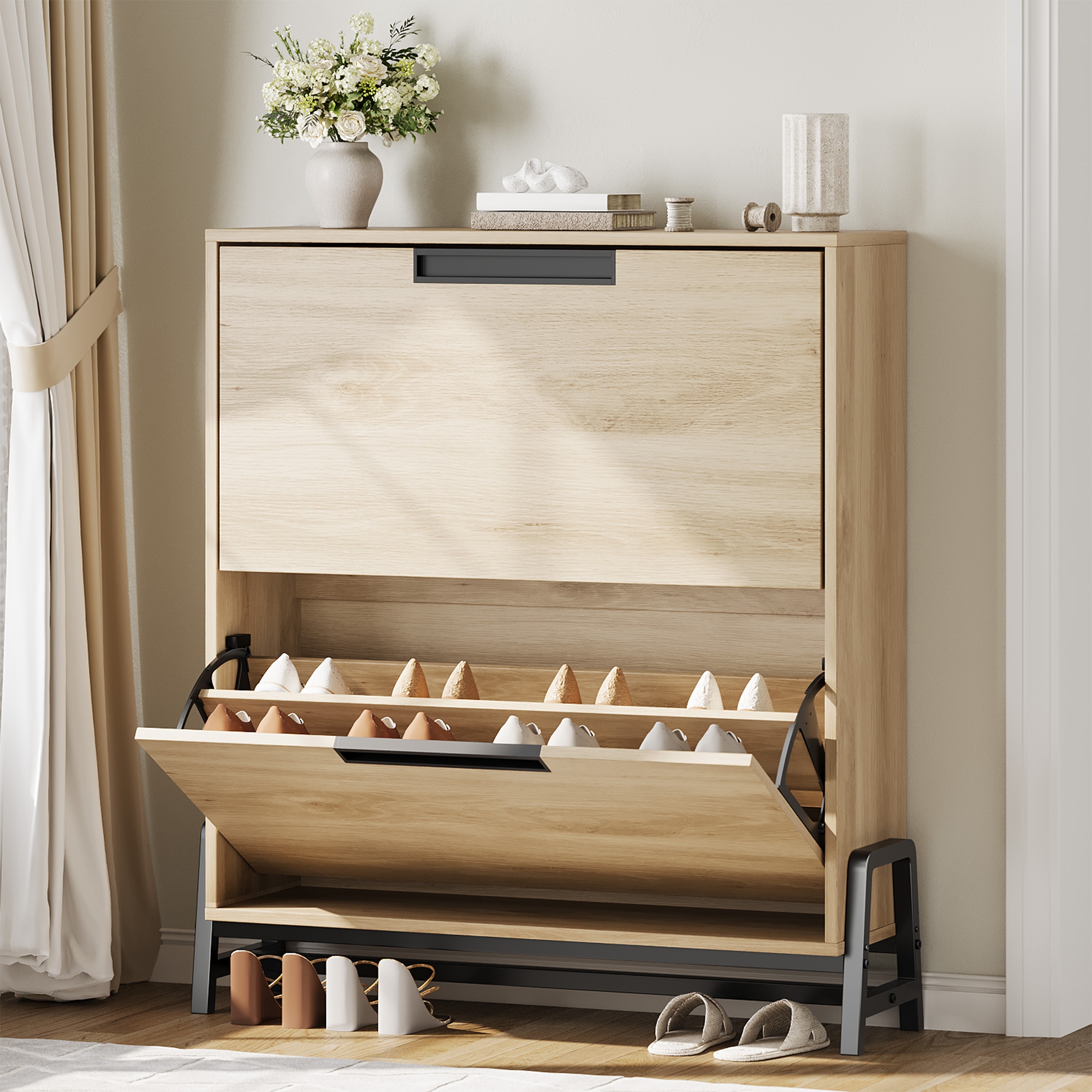 Garvee Shoe Storage Cabinet with 2 Flip Drawers, Freestanding Shoe Organizer with Metal Legs, Narrow Shoe Rack Cabinet for Entryway, Oak