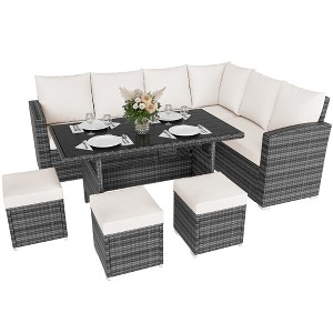 7-Pieces Outdoor Patio Furniture Set, Outdoor All-Weather Rattan Sectional Sofa with Glass Table Chairs, Patio Deals for Garden  Balcony Lounge beige - 1 of 4