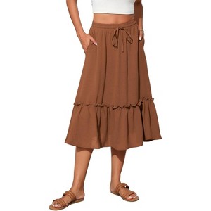 2025 Trendy High Waist Tiered Flowy Skirt for Women - Below Knee with Pockets A-09 Olive Brown - 1 of 4
