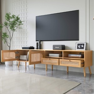 The ORRD modern farmhouse-style media console with solid wood feet, perfect for living rooms and home theaters, combines functionality with elegance. - 1 of 4
