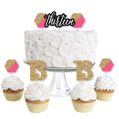 Big Dot of Happiness Chic 13th Birthday - Pink, Black and Gold - Dessert Cupcake Toppers - Birthday Party Clear Treat Picks - Set of 24