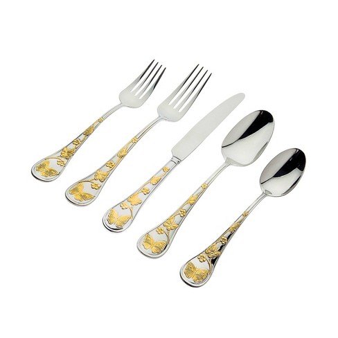 Godinger Silver 20pc Butterfly Sandblast 24kt Gold Plated Stainless Steel Flatware Set: Service for 4, Dishwasher-Safe - image 1 of 2