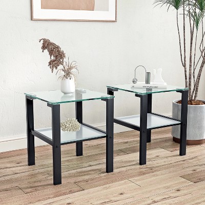 Syemin 2-Piece Rectangular Side Table Set, Double-Layer Coffee Table with Tempered Glass Top for Modern Living Room, Gray, 17.72"*17.72"*20.87"