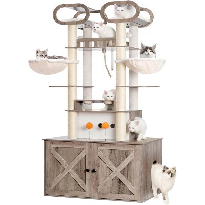 Heybly Cat Tree with Litter Box Enclosure, 76.8-inch Wooden mainecoons Cat Tower with Food Station