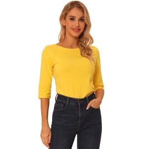 INSPIRE CHIC Women's Classic Solid Elbow Sleeves Round Neck Slim Fit T-Shirts - 1 of 4