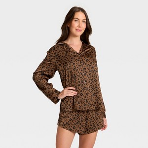 Women's Satin Notch Collar Long Sleeve Shirt and Shorts Pajama Set - Auden™ - 1 of 3