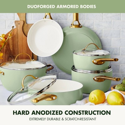 Sage Green 10-Piece Ceramic Nonstick Cookware Set with Gold Handles