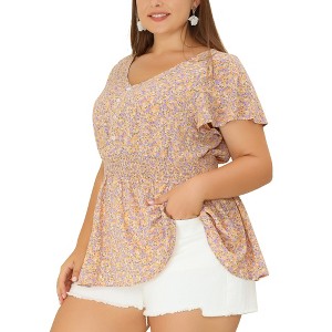 Women's Plus Size Floral Smocked Waist Flare Sleeve V Neck Peplum Blouses - Agnes Orinda - 1 of 4