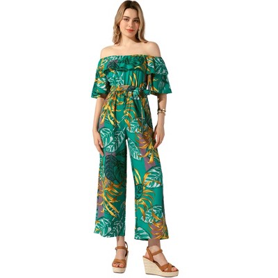 Allegra K Women's Floral Casual Off Shoulder Wide Leg Jumpsuit with Belt