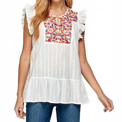 Women's Floral Embroidered Ruffle Top - SEE AND BE SEEN