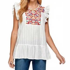 Women's Floral Embroidered Ruffle Top - SEE AND BE SEEN - 1 of 4