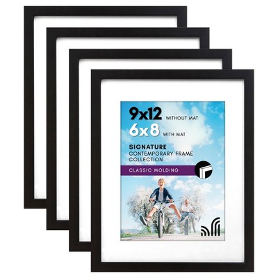 Americanflat 9x12 Picture Frame in Black - Displays 6x8 With Mat and 9x12 Without Mat - Composite Wood with Shatter Resistant Glass -4 Pack