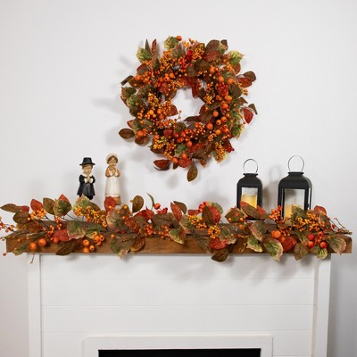 24" Orange and Green Artificial Fall Harvest Wreath with Grapevine Backing
