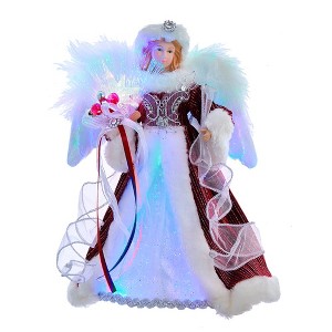 Kurt Adler 12-Inch White, Silver and Burgundy Angel Tree Topper with Fiberoptic LED Lights - 1 of 4