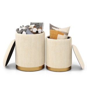 Costway Velvet Storage Ottoman Set of 2 Modern Round Ottoman with Storage for Living Room - 1 of 4