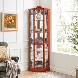 Glass and Wood Lighted Corner Curio Display Cabinet with Glass Doors, Carved Decoration, Adjustable Shelves - 1 of 4