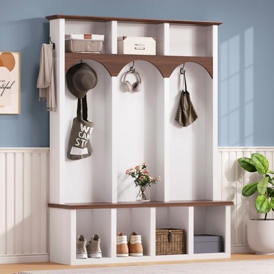 Lycvki Wooden Arched Design Hall Tree with Walnut Storage Bench and 7 Cubbies