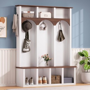Lycvki Wooden Arched Design Hall Tree with Walnut Storage Bench and 7 Cubbies - 1 of 4