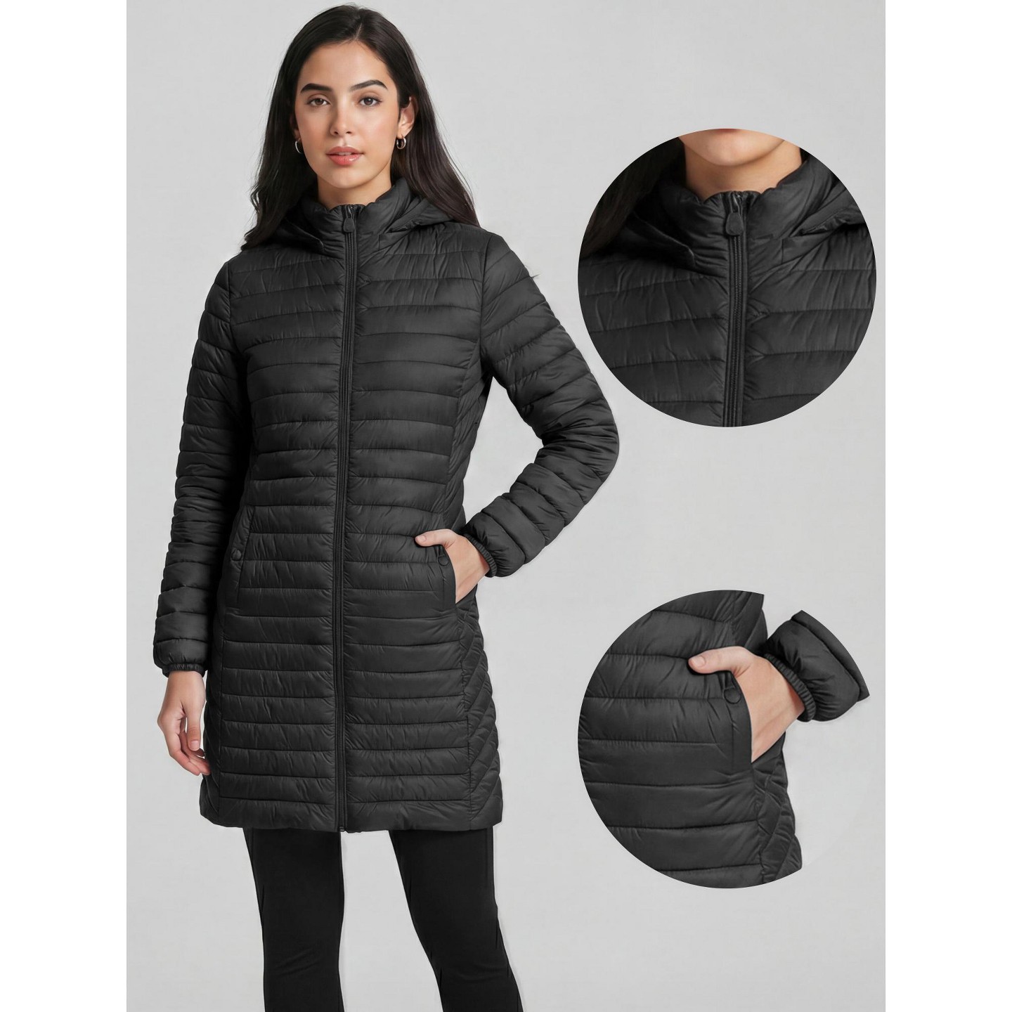 Женская куртка INSPIRE CHIC Mid-Length Standard Fit Zip-Up Stand Collar Elastic Cuffs Lightweight Detachable Hood Quilted Puffer Coat Medium Black, цвет: Чёрный — фото 2