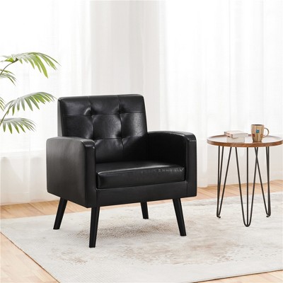Black Faux Leather Mid-Century Modern Accent Chair with Wood Legs