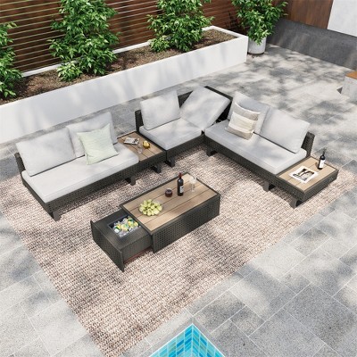 ELJGET 4-Piece Patio Sectional Furniture Set with Ice Bucket, Coffee Table, Collapsible Seat and Cushions for Couch, Porch, Backyard