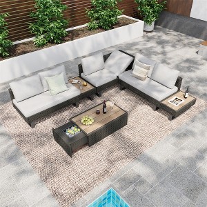 ELJGET 4-Piece Patio Sectional Furniture Set with Ice Bucket, Coffee Table, Collapsible Seat and Cushions for Couch, Porch, Backyard - 1 of 4
