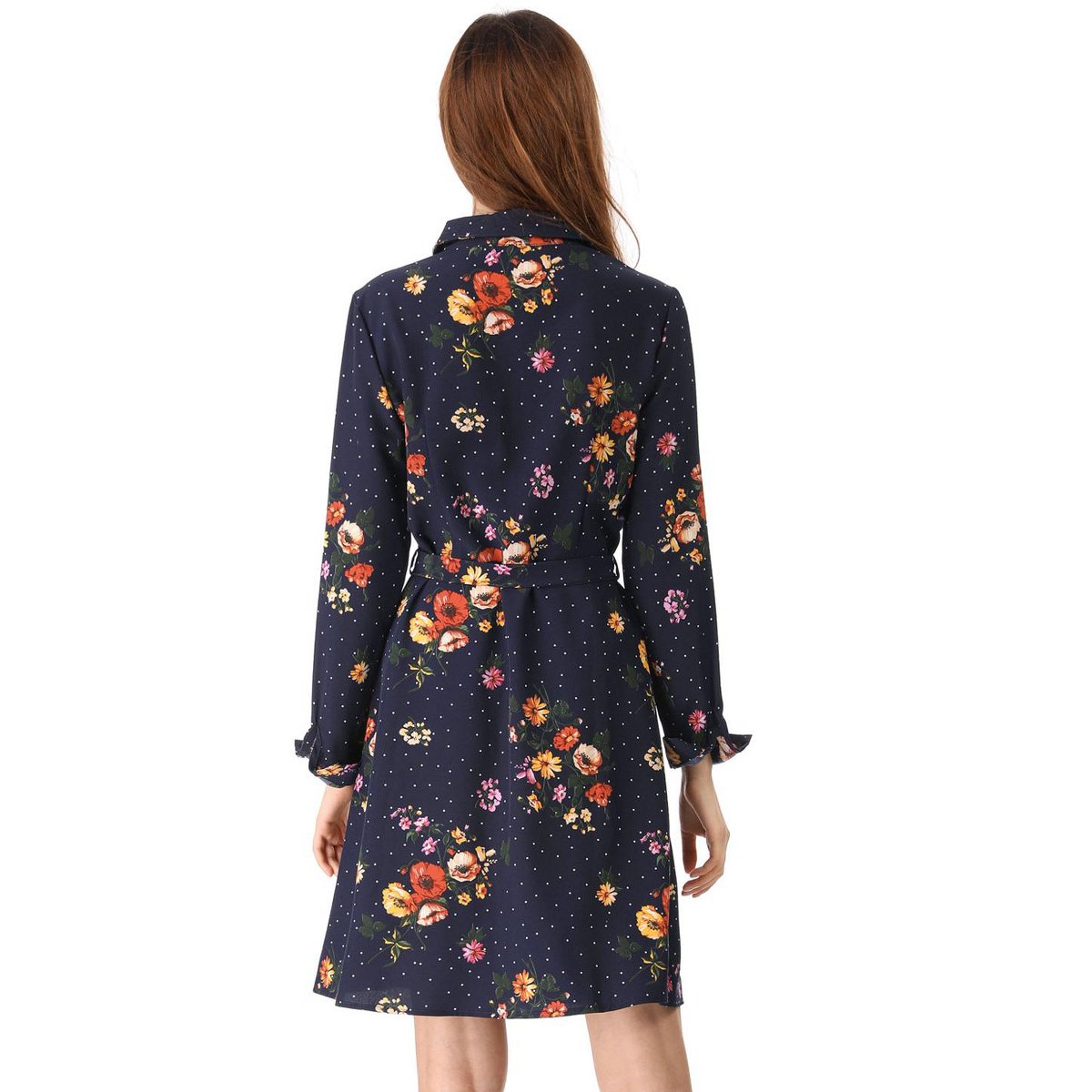 Женские платья INSPIRE CHIC Women's Lapel Button Down Belted Mini Vintage Polka Dots Floral Shirt Dress Small Dark Blue — фото 5