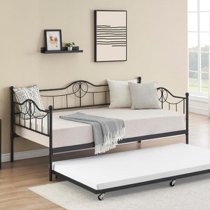 Metal Bed Frame Twin Size Trundle Daybed Heavy Duty Pull Out Sofa Bed with Headboard, Side Armrest ,Easy Assembly, for Living Room, Bedroom - 1 of 4