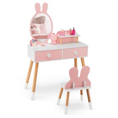 Tangkula Kid Vanity Set Makeup Table Stool with Drawer Shelf Wood Leg Rabbit Mirror