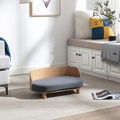 Bencmate Pet Beds Elevated Dog Bed Pet Sofa With Solid Wood legs and Bent Wood Back, Velvet Cushion, Walnut, Gray, 26.77"*15.75"*11.02"