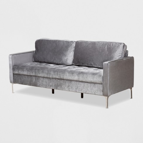 Gray 3-Seater Sofa Upholstered Velvet Sofa Pillows Included