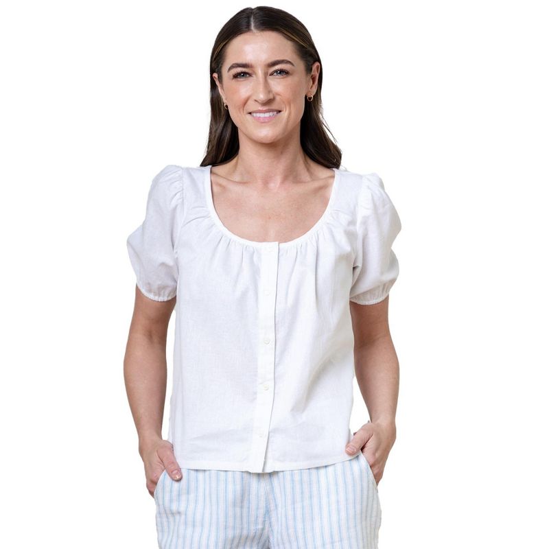 Hope & Henry Women's Bubble Sleeve Button Front Relaxed Linen Top, 1 of 6