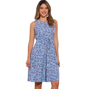 Allegra K Women's Floral Split Neck Drawstring Waist Sleeveless A-Line Summer Midi Dress - 1 of 4