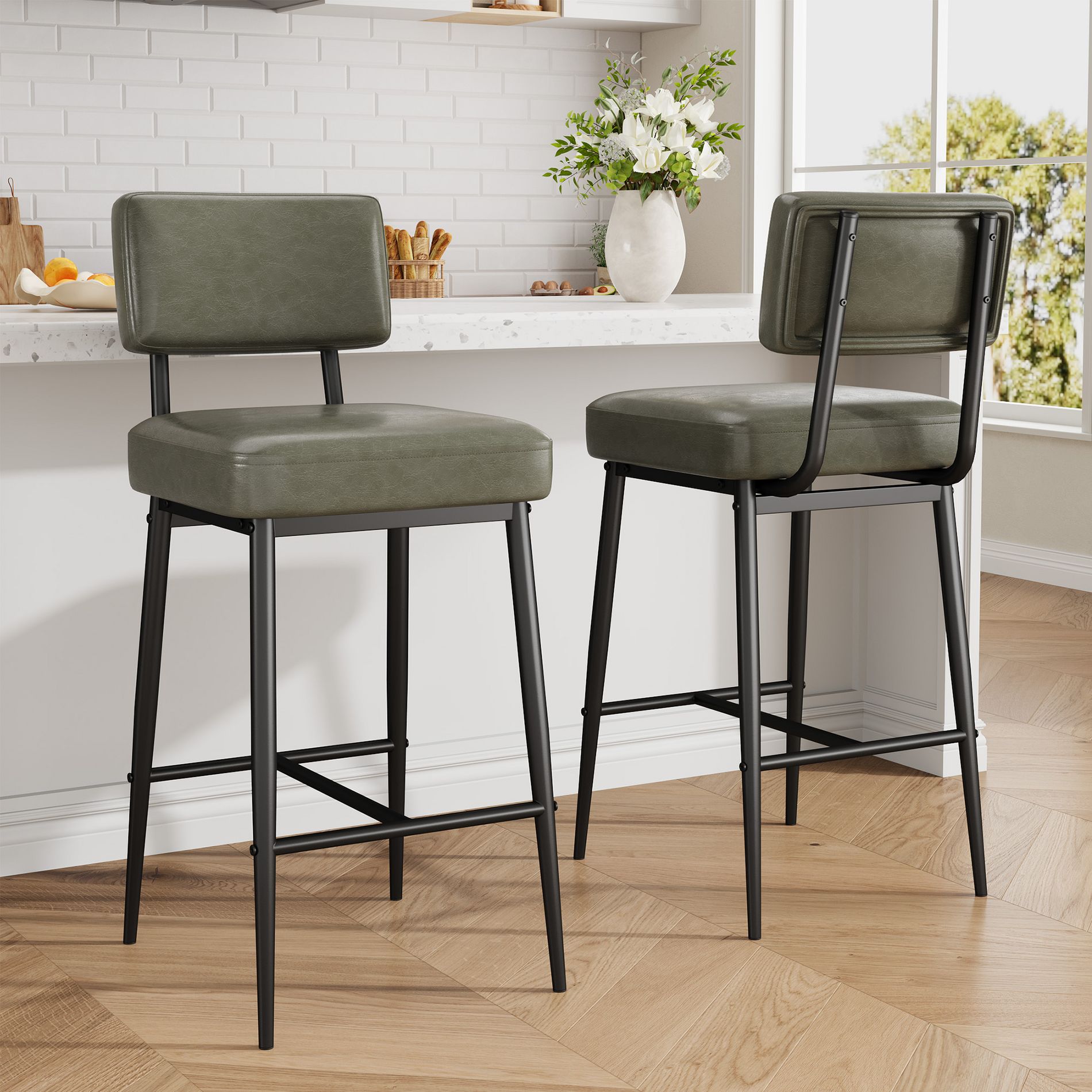 Bar Stools Set of 2, 37" Faux Leather Counter Height Barstool Upholstered Chairs with Sturdy Metal Leg for Island Counter Bar Kitchen, Green
