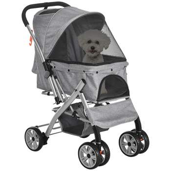 PawHut Travel Pet Stroller for Dogs, Cats, One-Click Fold Jogger Pushchair with Swivel Wheels, Brakes, Basket Storage, Safety Belts, Adjustable Canopy, Zippered Mesh Window Door