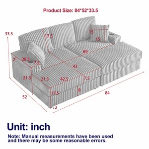 84-Inch Corduroy 3-Seater Sofa with 3 Back Pillows, 2 Toss Pillows, 2 Ottoman, 2 Storage Spaces and Cup-Holding Grooves - 1 of 4