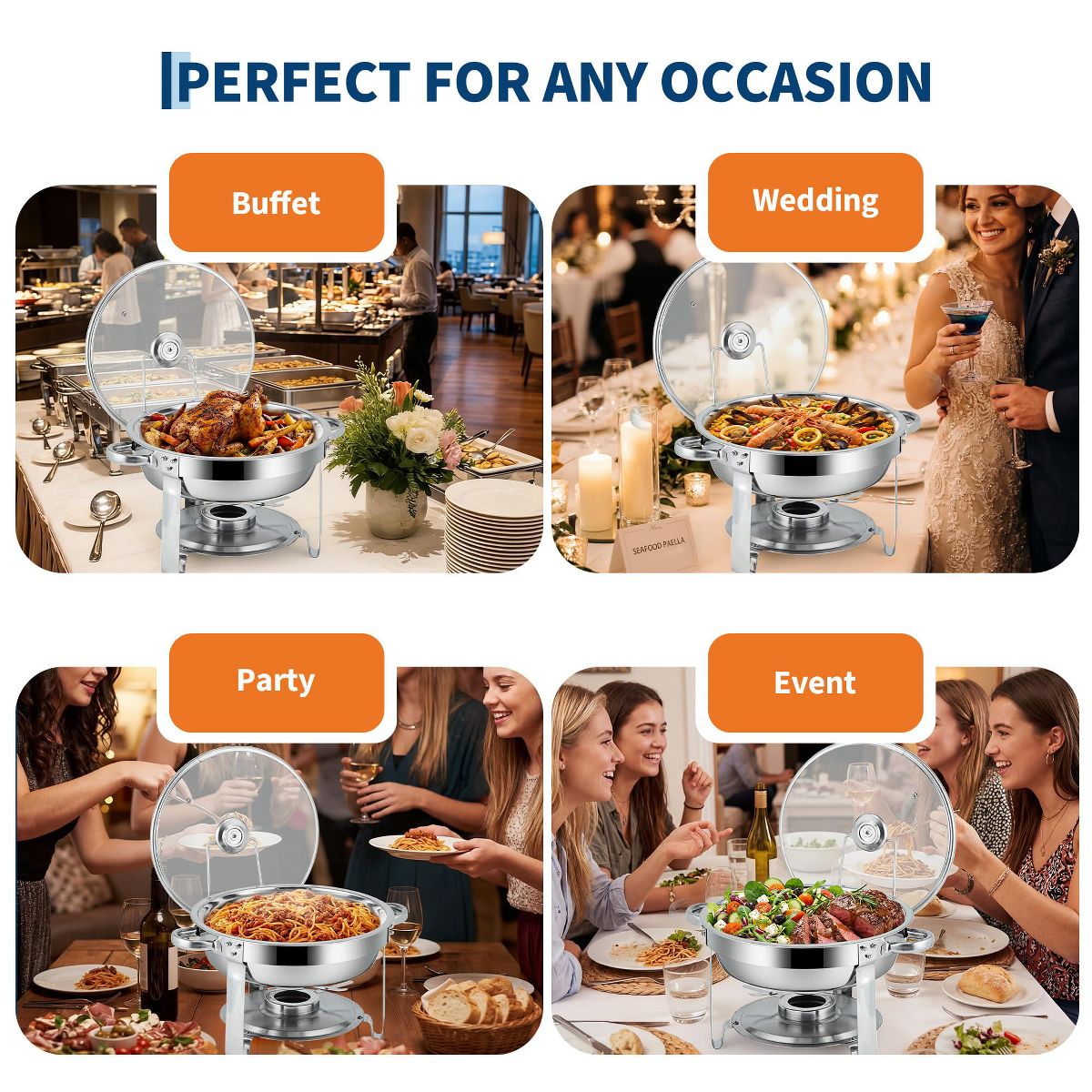 6 QT Chafing Dishes for Buffet, 4 Pack Chafing Dish Buffet Set, Round Chafer Food Pan with Lid, Food Warmer for Parties Events Dinners Catering - thumbnail 3