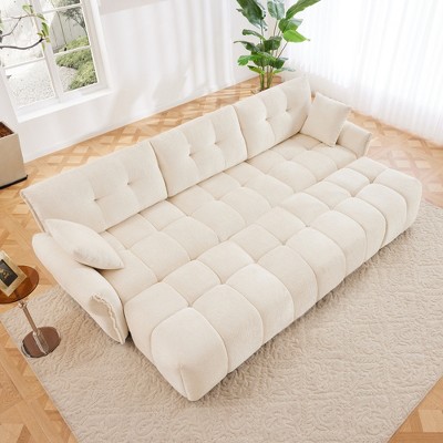 DOMETOUR 3-Seater Sofa Set with 3 Ottomans & Pillows, Solid Wood Frame, Textured Chenille, for Living Room/Office/Hotel, White