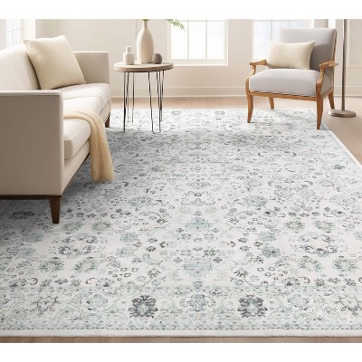 Ivory and Blue Silk Oriental 9' x 12' Washable Rug