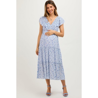 PinkBlush Blue Floral Front Ruched Ruffle Shoulder Tiered Maternity Midi Dress
