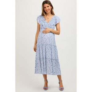 PinkBlush Blue Floral Front Ruched Ruffle Shoulder Tiered Maternity Midi Dress - 1 of 4