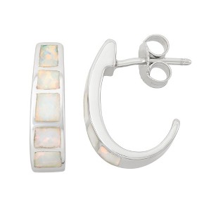 Opalata Sterling Silver White Inlay Opal Huggie Hoop Earrings - White - 1 of 2