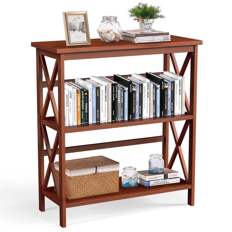 Costway Wooden Shelf Bookcase 3-Tier Open Bookshelf W/X-Design Freestanding Rack BlackBrownNaturalWhite, 1 of 11