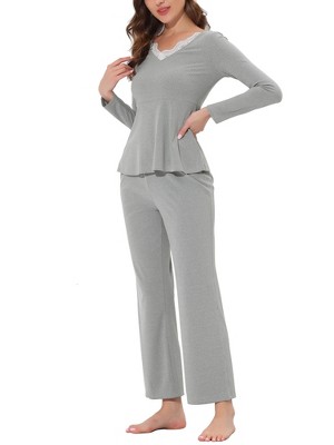 Cheibear Womens Sleepwear Lounge Ribbed Knit Peplum Tops With Lace Long  Sleeve Pajamas Set Gray Small : Target