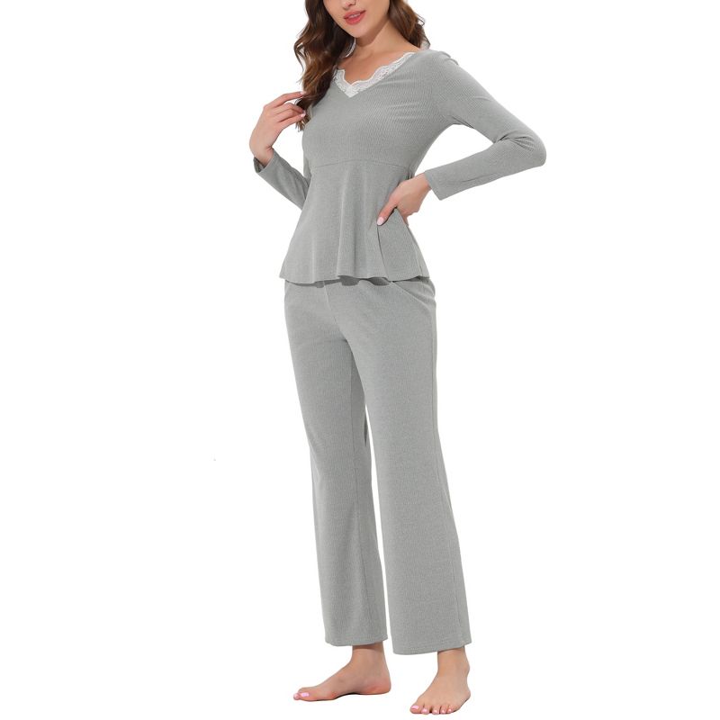 cheibear Women's Sleepwear Lounge Ribbed Knit Peplum Tops with Lace Long Sleeve Pajamas Set, 1 of 6