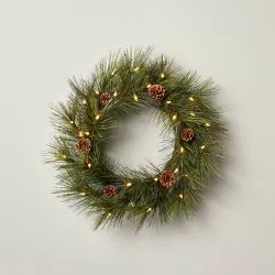 24" Pre-Lit Needle Pine Seasonal Faux Wreath with Pinecones Green/Brown - Hearth & Hand™ with Magnolia