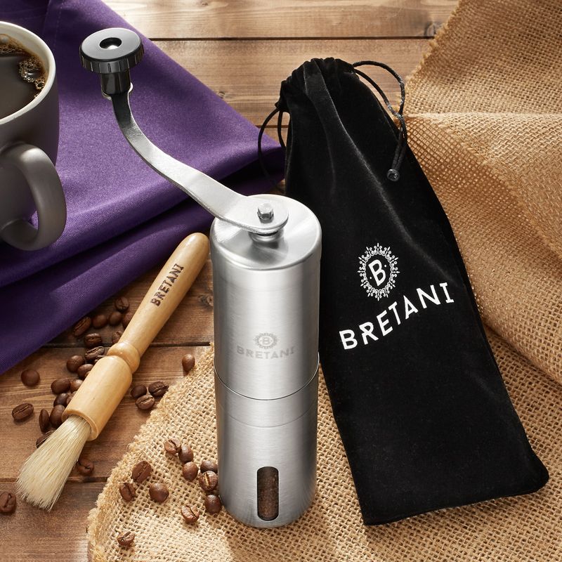 Bretani Manual Coffee Grinder with Brushed Stainless Steel Finish and Built-In Adjustable Grind Settings, 5 of 7