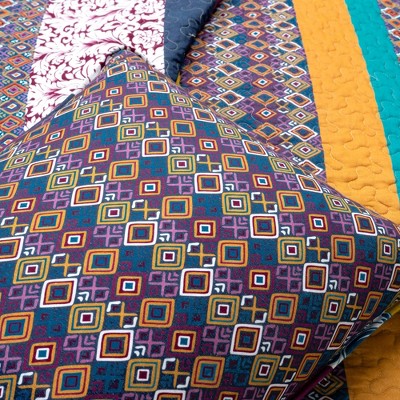 King Size Boho Stripe Reversible Cotton Quilt Set in Purple and Yellow