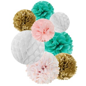 Wrapables Set of 32 Tissue Honeycomb Ball and Pom Pom Party Decorations, Aqua/ Light Pink/ Gold/ White - 1 of 4