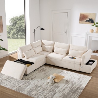 YOOCOZZ Sectional Pull-Out Sofa with Adjustable Charging Armrest with Storage, Movably Versatile Ottoman